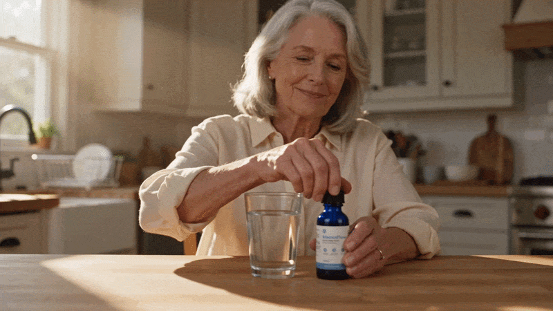 An older woman opening a memory supplement beside a glass of water in her kitchen