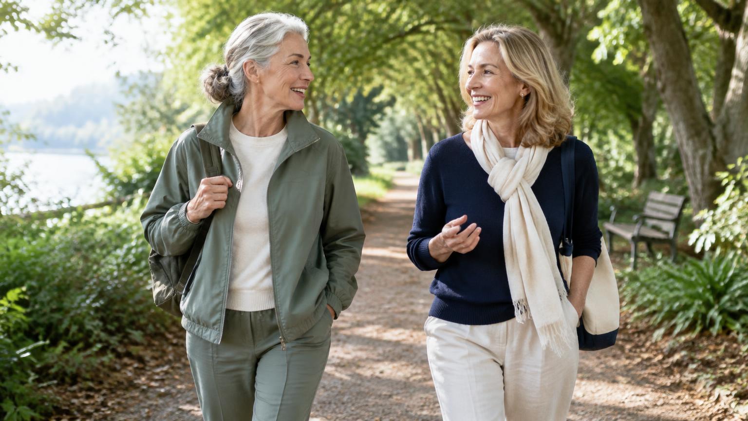 Two older friends enjoying a relaxed walk along a leafy park path
